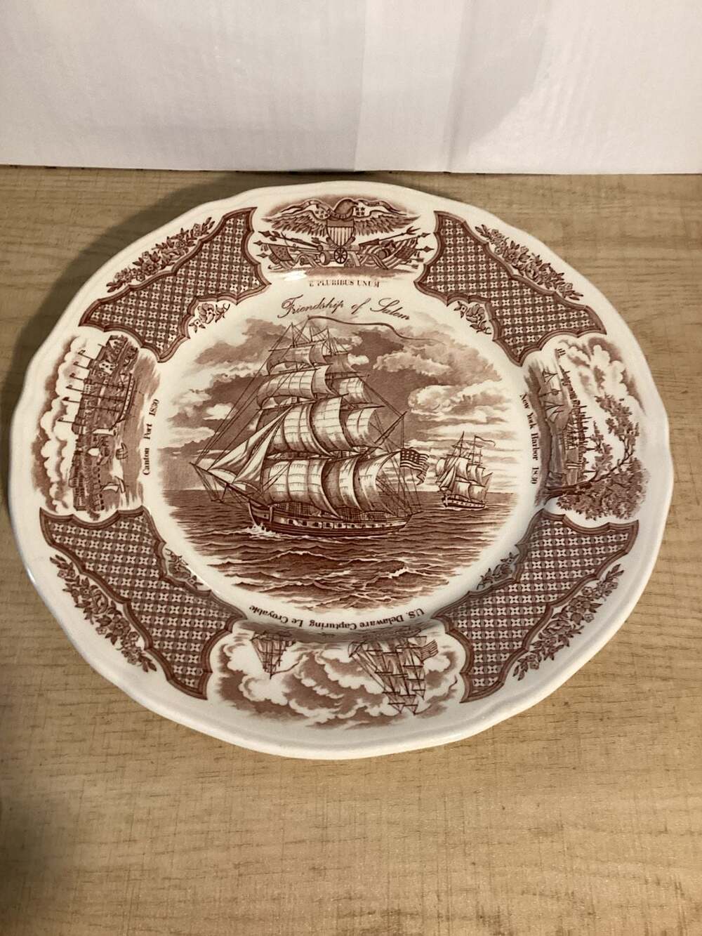Alfred Meakin Fair Winds Friendship of Salem Brown Transferware 10.5 inch Dinner